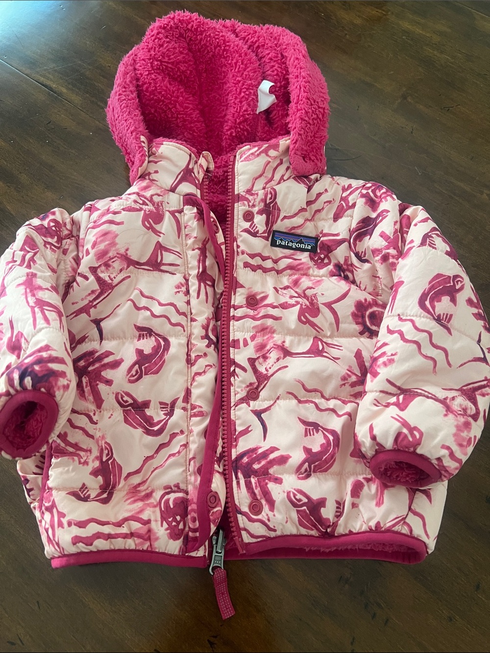 Reversible Patagonia Pink Printed Kids Puffer Jacket with Hood